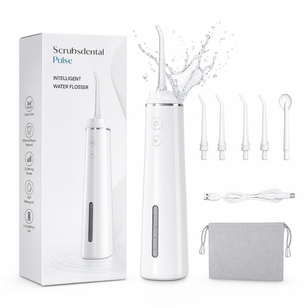 Irrigador dental Scrubsdental Pulse color Blanco, con caja y accesorios