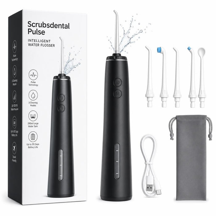 Irrigador dental Scrubsdental Pulse color Negro, con caja y accesorios
