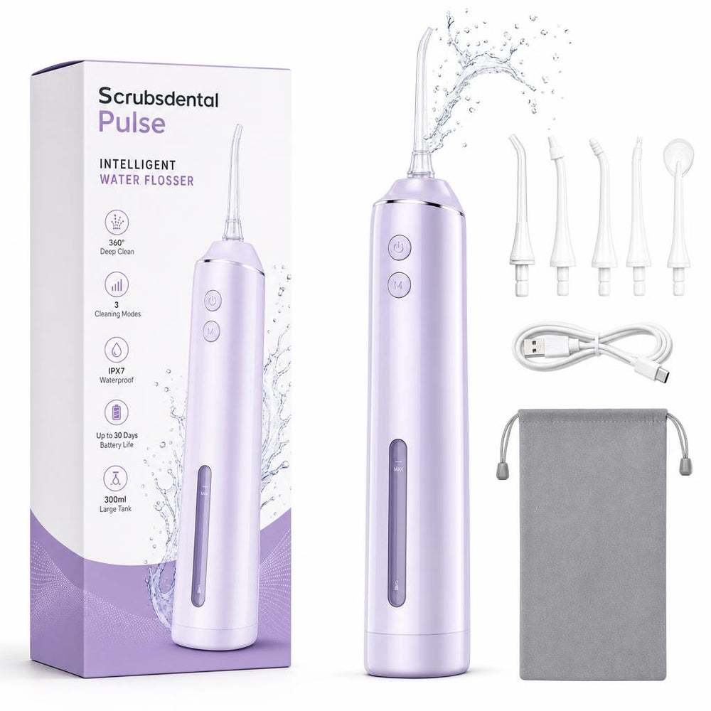 Irrigador dental Scrubsdental Pulse color Lila, con caja y accesorios