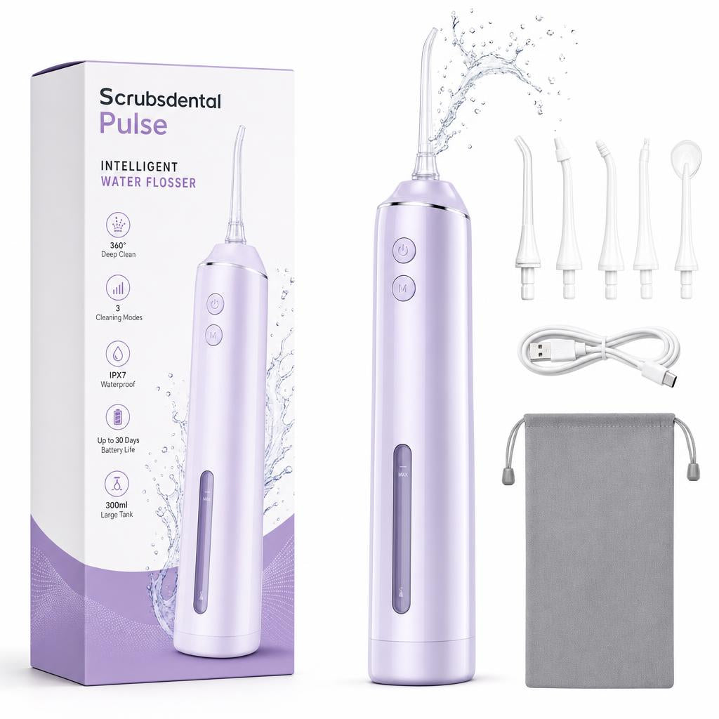 Irrigador dental Scrubsdental Pulse color Lila, con caja y accesorios