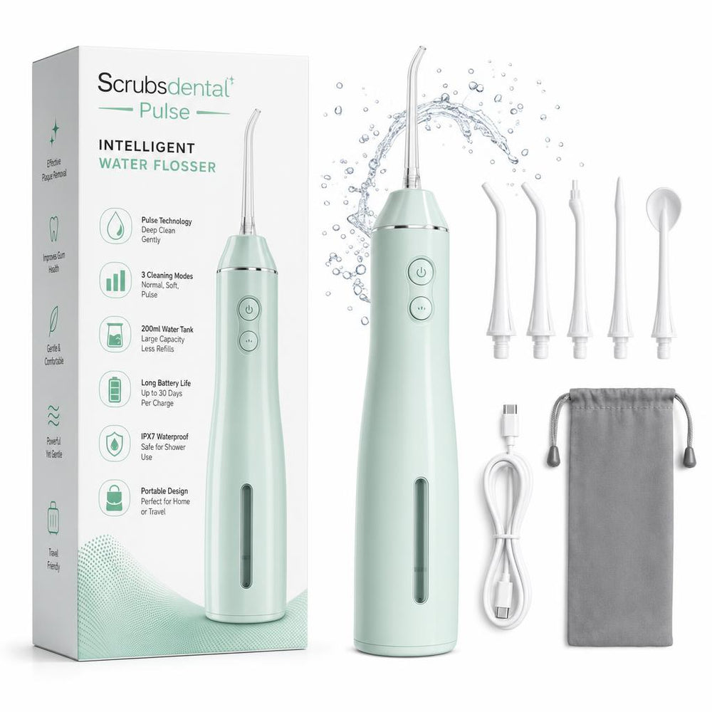 Irrigador dental Scrubsdental Pulse color Menta, con caja y accesorios