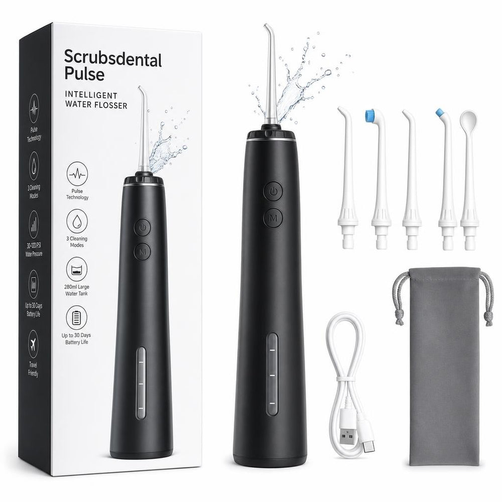 Irrigador dental Scrubsdental Pulse color Negro, con caja y accesorios