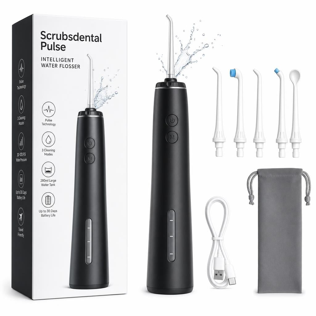 Irrigador dental Scrubsdental Pulse color Negro, con caja y accesorios