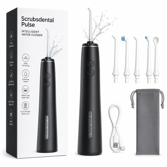 Irrigador dental Scrubsdental Pulse color Negro, con caja y accesorios