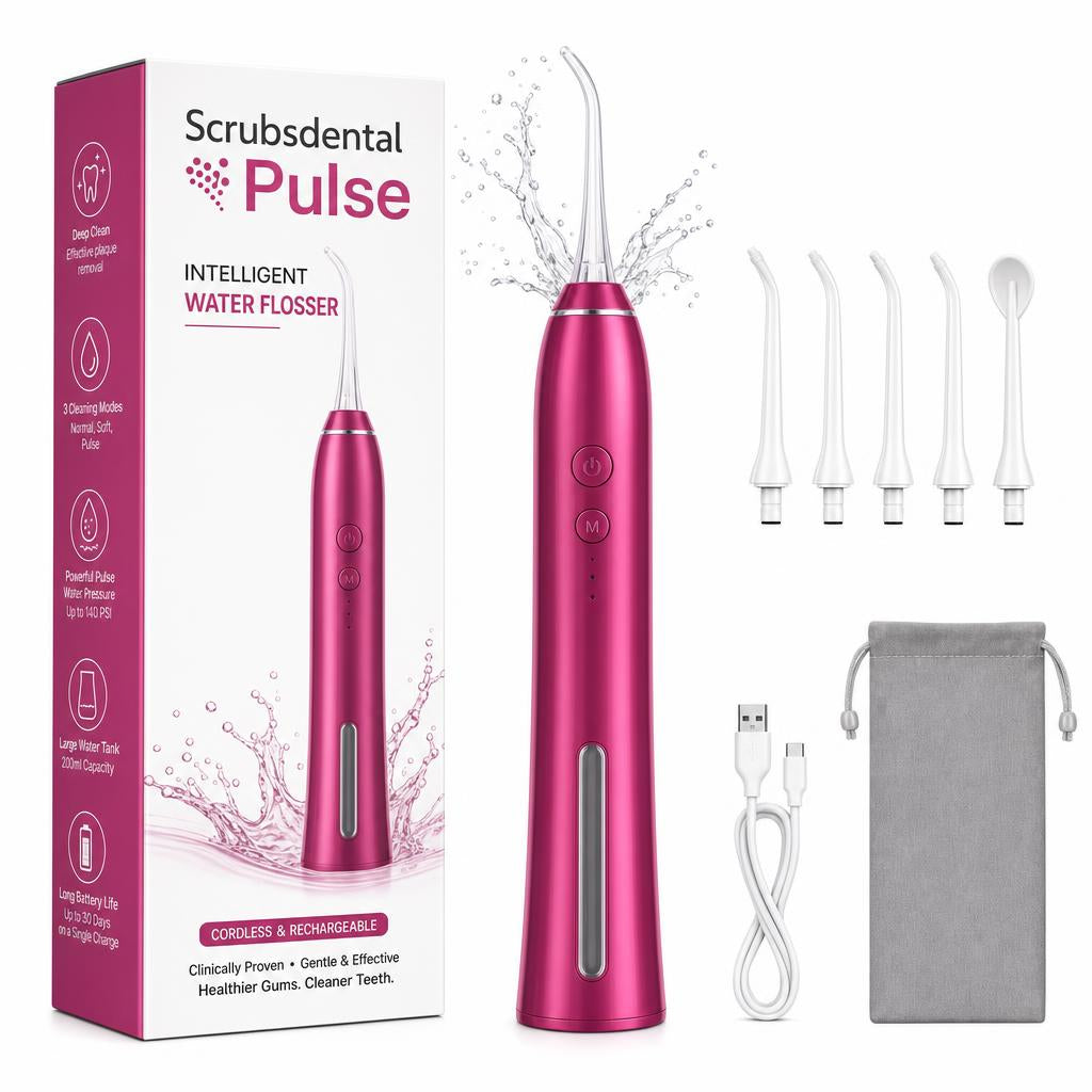Irrigador dental Scrubsdental Pulse color Rosa, con caja y accesorios